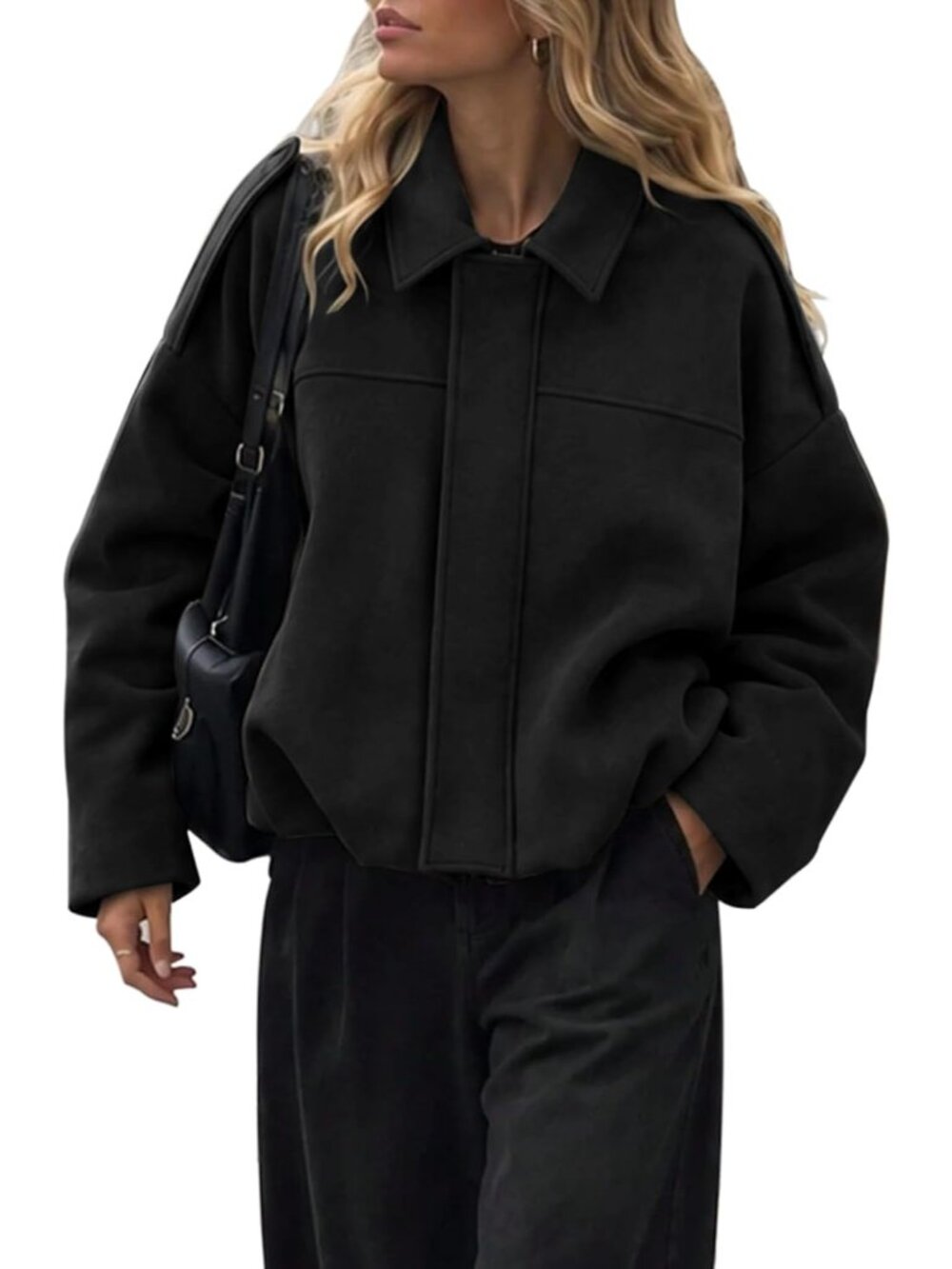 Womens Black polyester Lapel Collar Batwing Sleeve Shoulder Straps Bomber Jacket